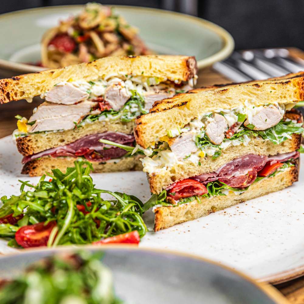 Chicken Club Sandwich with Arugula Salad