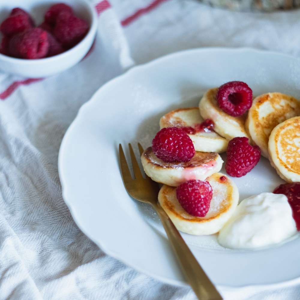 Mini Ricotta Pancakes with Fresh Raspberries and Yogurt