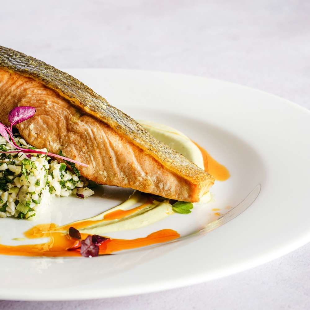 Pan-Seared Salmon with Tabbouleh and Herb Purée
