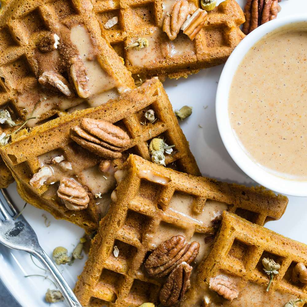 Spiced Pecan Waffles with Maple Nut Sauce