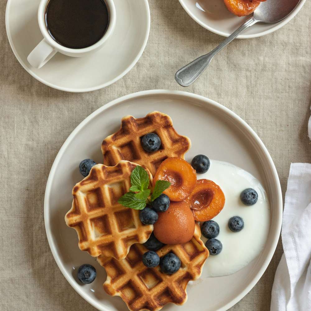 Waffles with Poached Apricots, Blueberries & Yogurt