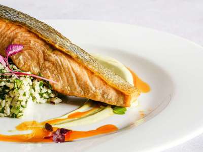 Pan-Seared Salmon with Tabbouleh and Herb Purée