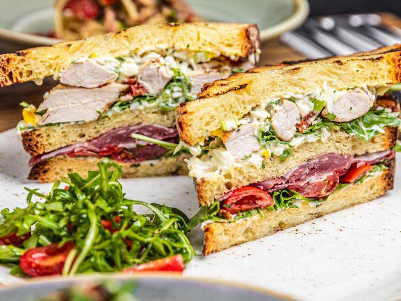 Chicken Club Sandwich with Arugula Salad