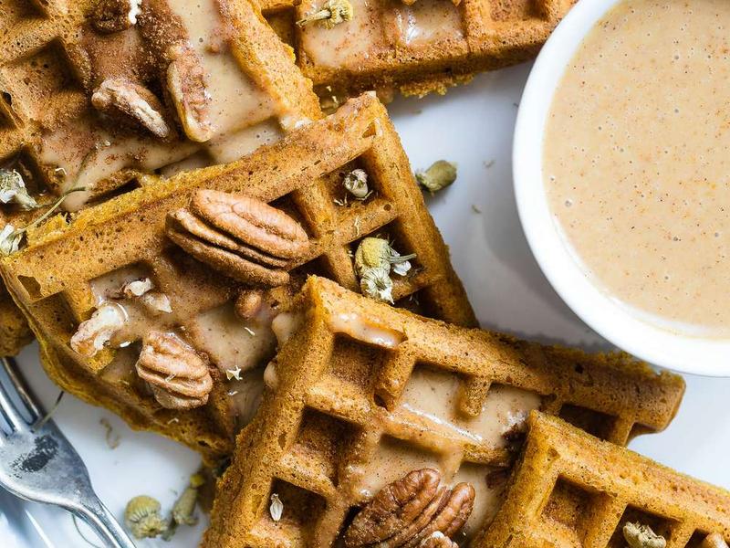 Spiced Pecan Waffles with Maple Nut Sauce