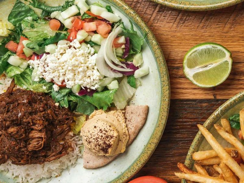 Beef Shawarma Bowl with Rice, Hummus & Salad