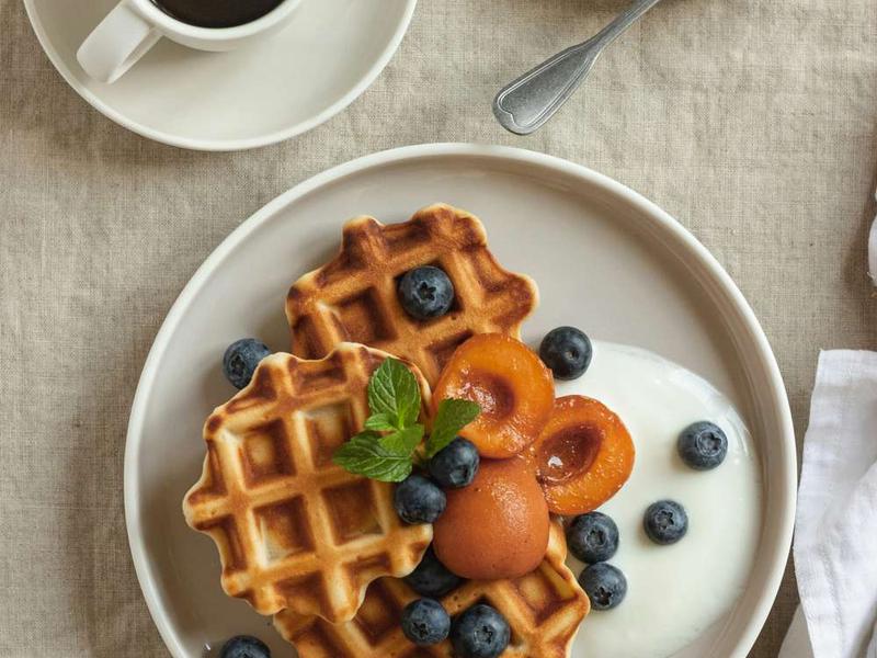 Waffles with Poached Apricots, Blueberries & Yogurt